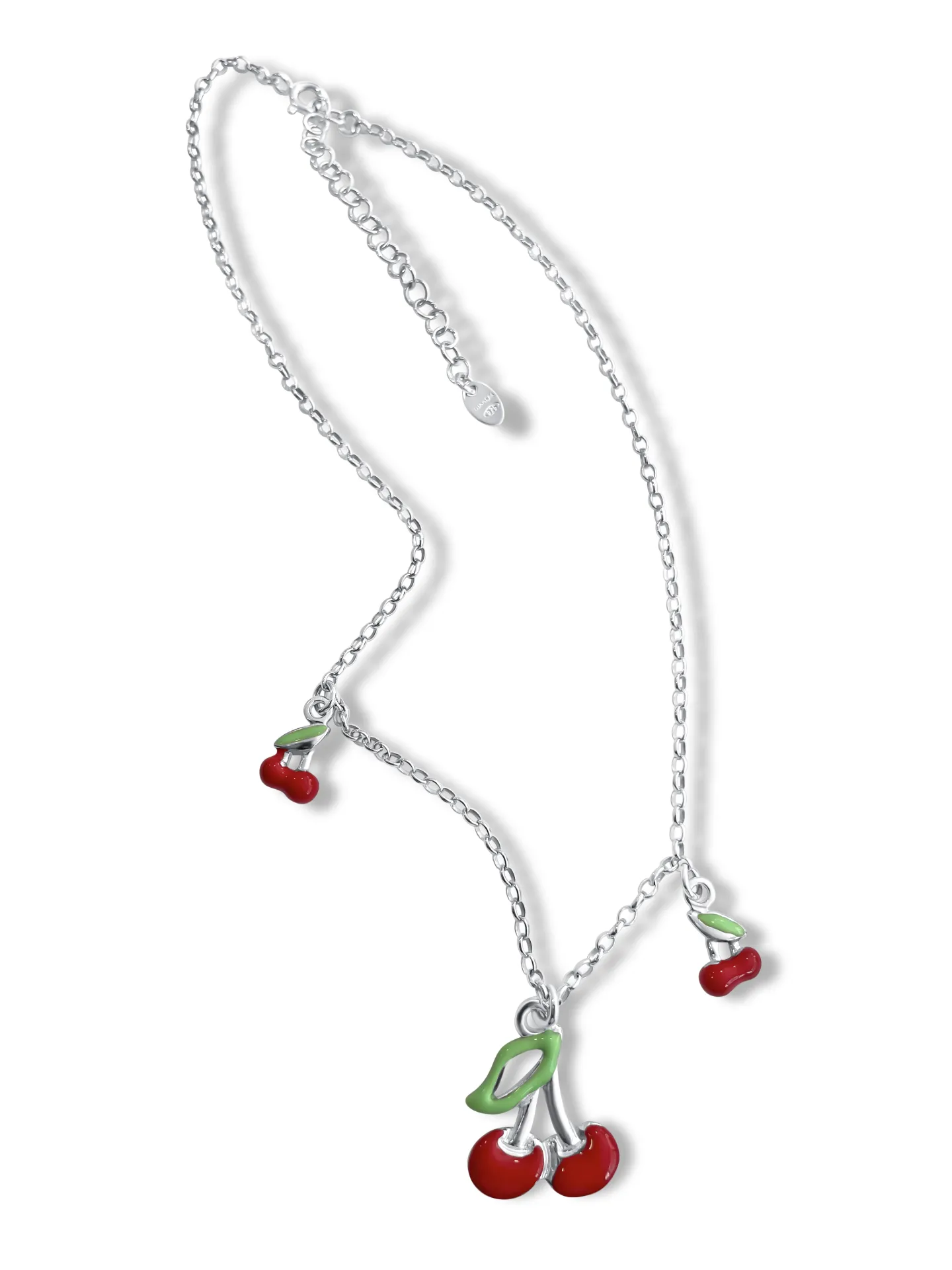 Κολιέ, παιδικό, για κορίτσια, ασημένιο, με κερασάκια & σμάλτο διπλής όψης, επιχρυσωμένο ή επιπλατινωμένο, 31 εκατοστά μήκος +5,5 εκατοστά αλυσίδα επέκτασης, woofie, 0330297501,