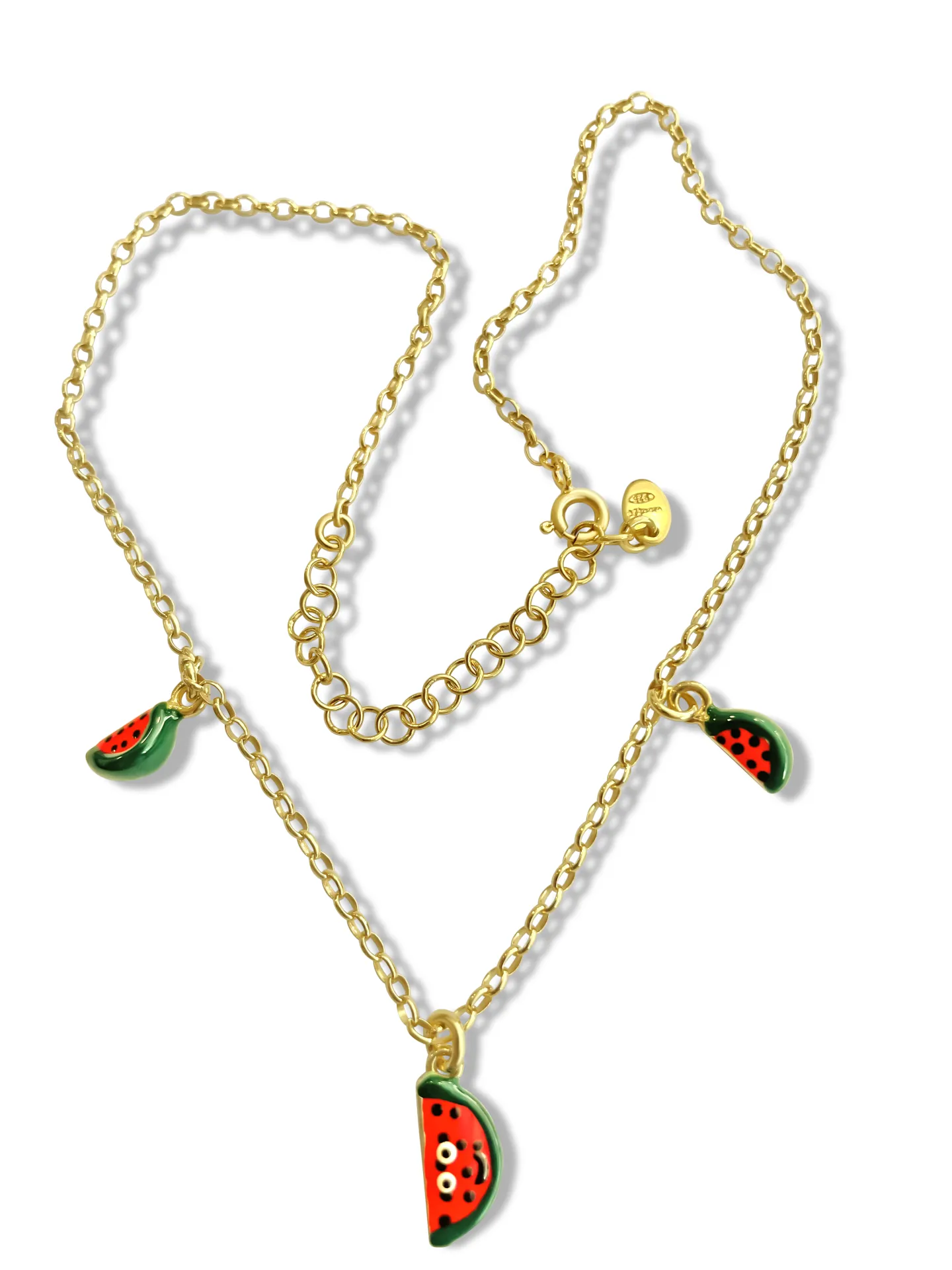 Κολιέ, παιδικό, για κορίτσια, ασημένιο, με καρπουζάκια & σμάλτο, επιχρυσωμένο ή επιπλατινωμένο, 31 εκατοστά μήκος +5,5 εκατοστά αλυσίδα επέκτασης, woofie, 0330298601,