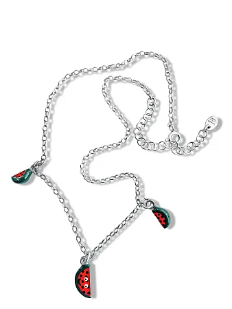 Κολιέ, παιδικό, για κορίτσια, ασημένιο, με καρπουζάκια & σμάλτο, επιχρυσωμένο ή επιπλατινωμένο, 31 εκατοστά μήκος +5,5 εκατοστά αλυσίδα επέκτασης, woofie, 0330298601,