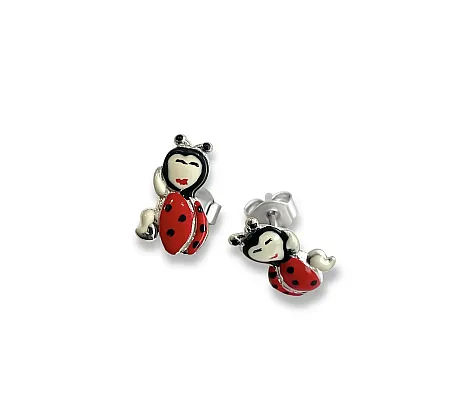 Σκουλαρίκια, παιδικά, για κορίτσια, ασημένια, με σμάλτο, πασχαλίτσες, επιπλατινωμένα, καρφωτά, woofie,0130445501