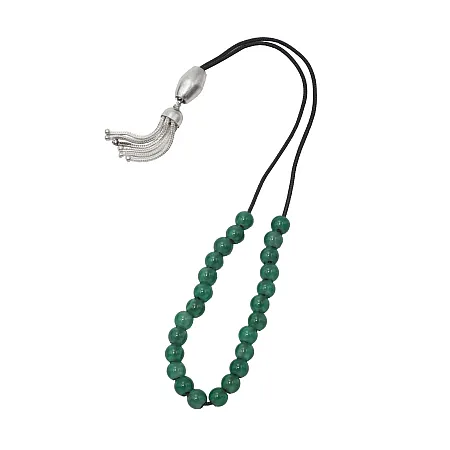 Κομπολόι, ασημένιο, unisex, χειροποίητο, με 19 πράσινους αχάτες, μήκος 25 εκατοστά, 8,5χιλιοστά οι πέτρες, με μαύρο βαμβακερό κορδόνι, TRIBUTE, 3120006501
