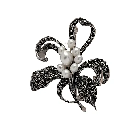 Καρφίτσα, ασημένια, 925, γυναικεία, λουλούδι, με ορυκτές πέτρες  μαρκασίτη  & μαργαριτάρια, 5Χ5 εκατοστά, αντικέ, silverline,0730138201