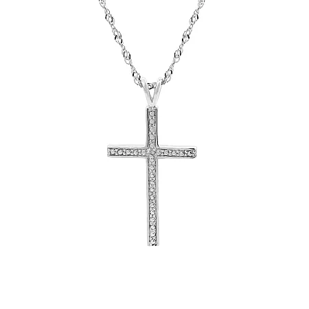 Κολιέ, με σταυρό, ασημένιο, γυναικείο, με διαμάντι χαμηλής καθαρότητας & άσπρο επιπλατίνωμα, 3,5Χ1,8 εκατοστά ο σταυρός, σε 3 διαφορετικά μήκη η καδένα 40, 45 & 50 εκατοστά, silverline, 0530105901NE